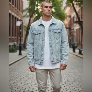 Brooklyn Cloth Distressed Light Blue Denim Jacket Large